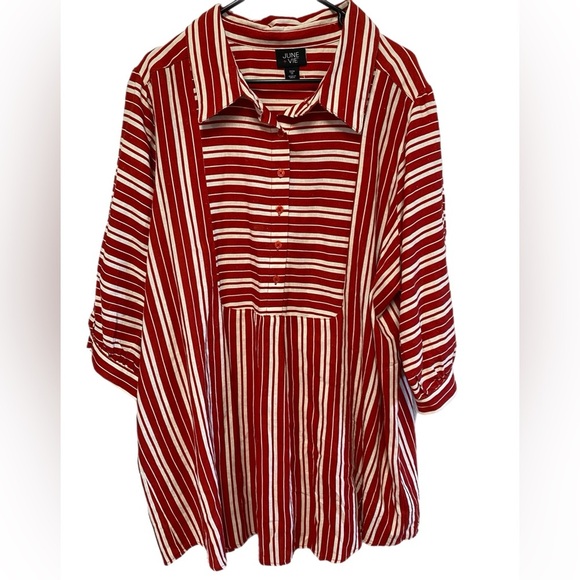 June + Vie Women’s 1X 22/24 Red Stripe Linen Tunic Top Half Button Career Blouse - Picture 1 of 11